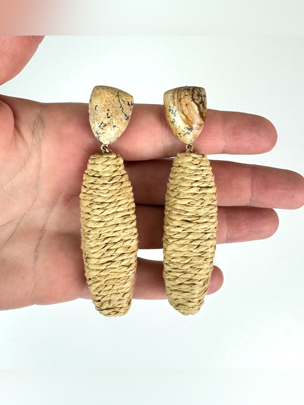 Anthropologie Raffia & Stone Drop Earrings Boho Natural Woven 3” Length